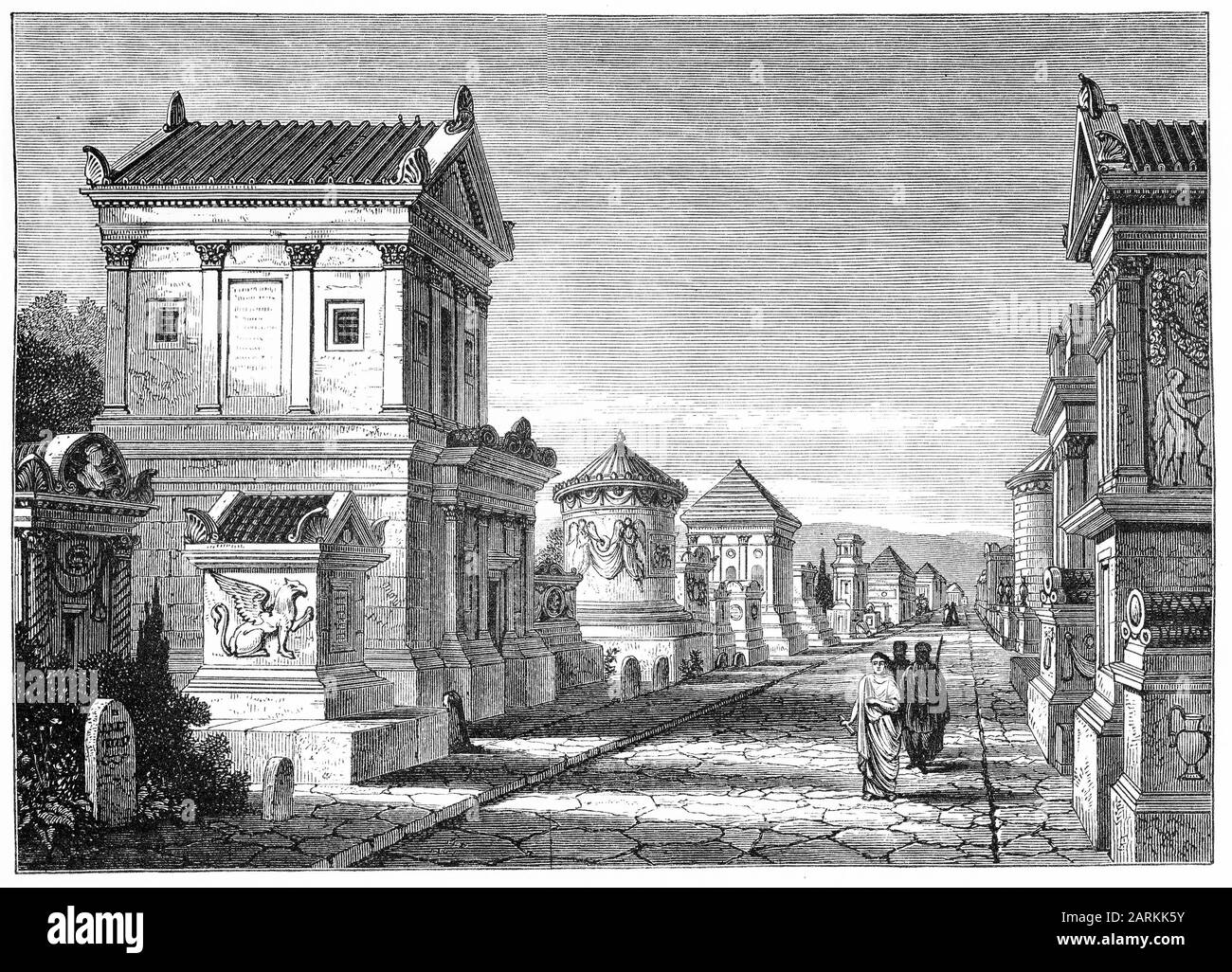 Incisione dei lavori di restauro realizzati sulla via appia a 5 miglia da Roma alla fine della 1800s. Foto Stock
