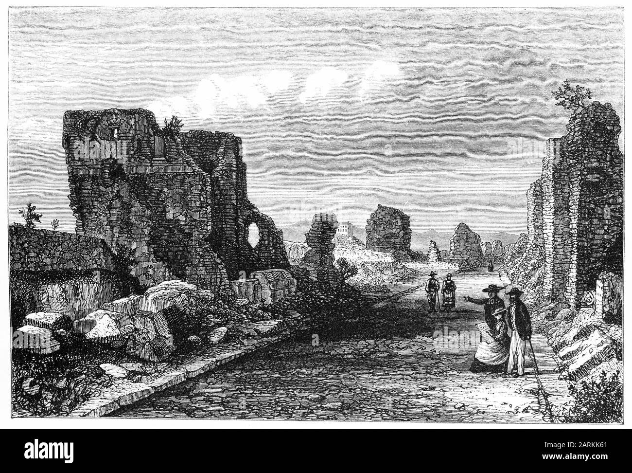 Incisione della via appia a 5 miglia da Roma, in rovina e in attesa di restauro Foto Stock