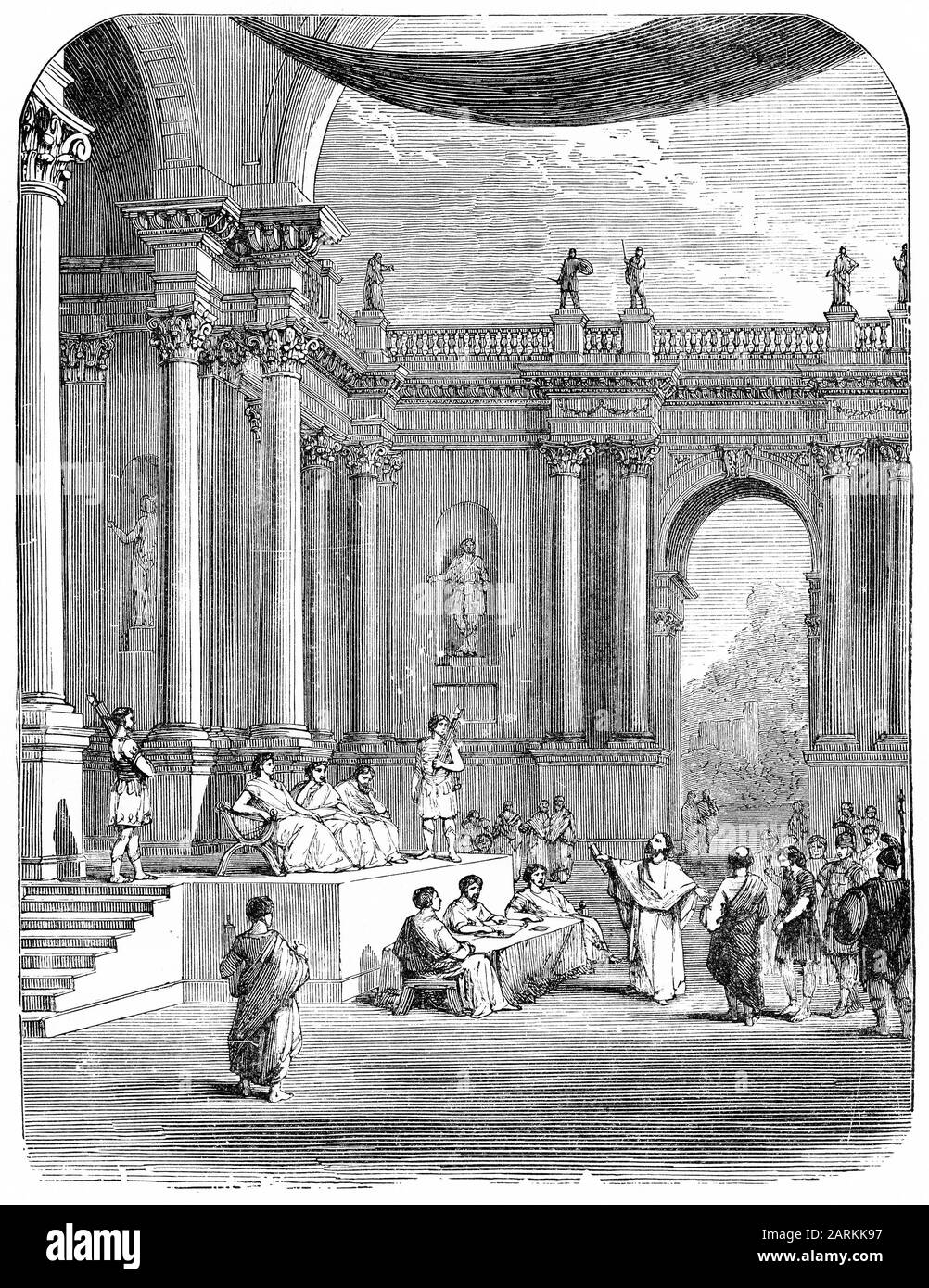 Incisione di un avvocato che presenta il suo caso in una sala romana di giustizia, o basilica Foto Stock