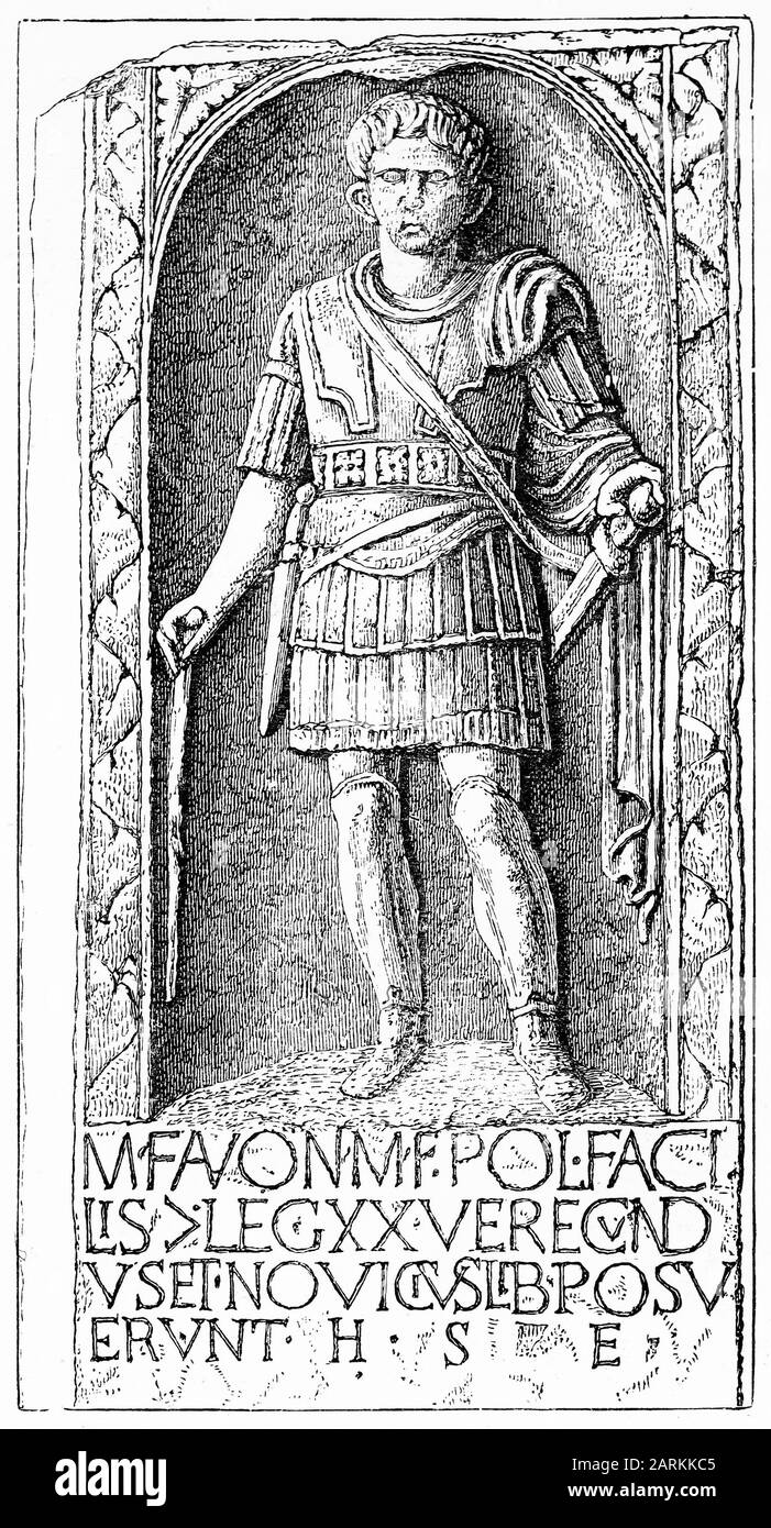 Incisione di un Centuriano romano, M. Favonius Pollio Facilis, della Legione 12th, che fu fondata in Gran Bretagna e sepolta a Colchester. Foto Stock