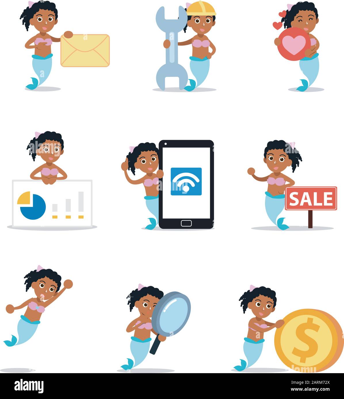 Set carattere di bella donna sirena nuotare sul mare. Illustrazione Vettoriale