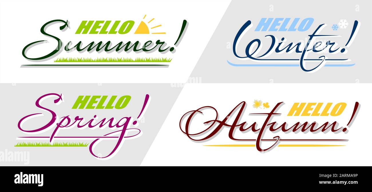 Set vettoriale di testo calligrafico Ciao primavera, estate, autunno, inverno. Scritto a mano frase isolata 4 stagioni carta di vacanza Illustrazione Vettoriale