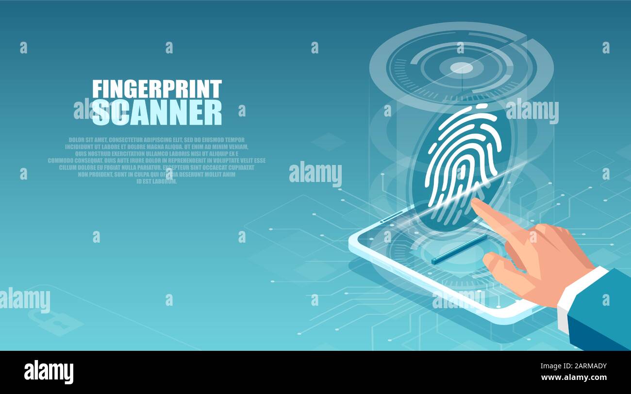 Vettore di un uomo d'affari che utilizza l'interfaccia con scansione di impronte digitali per accedere al suo dispositivo mobile Illustrazione Vettoriale