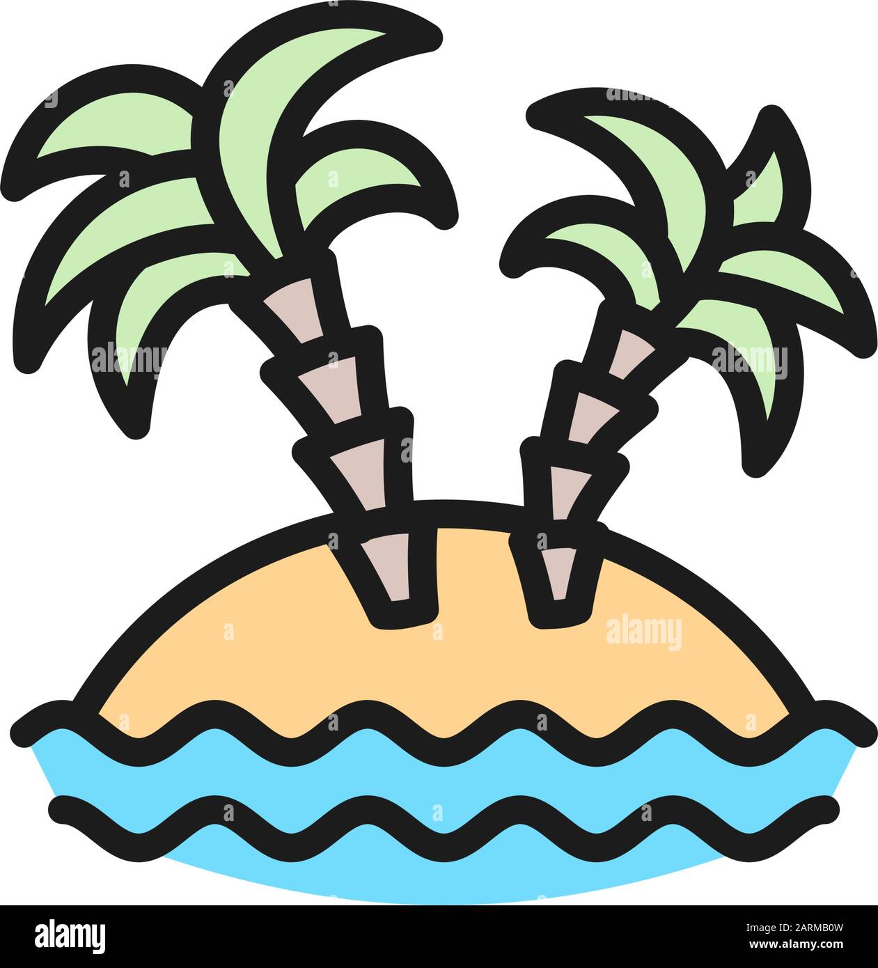 Isola del deserto con palme icona di linea piatta di colore. Illustrazione Vettoriale