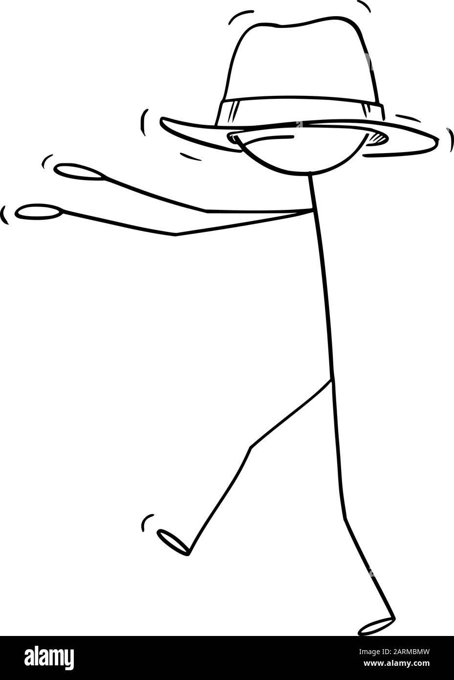 Figura del bastone del cartone animato del vettore che disegna l'illustrazione concettuale dell'uomo o dell'uomo d'affari che cammina cieco a causa di cappello troppo grande per lui che lo copre gli occhi. Illustrazione Vettoriale