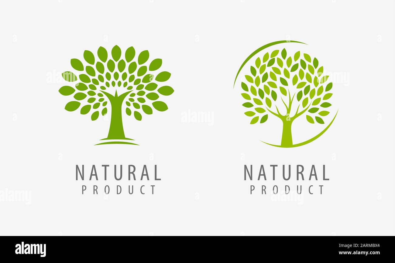 Logo del prodotto naturale. Immagine vettoriale con simbolo ad albero o etichetta Illustrazione Vettoriale