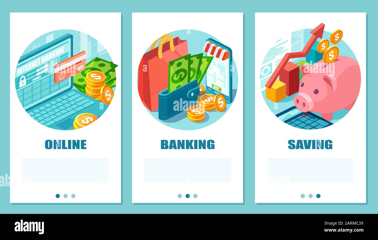 Insieme vettoriale isometrico di concetto di online banking, shopping e risparmio Illustrazione Vettoriale