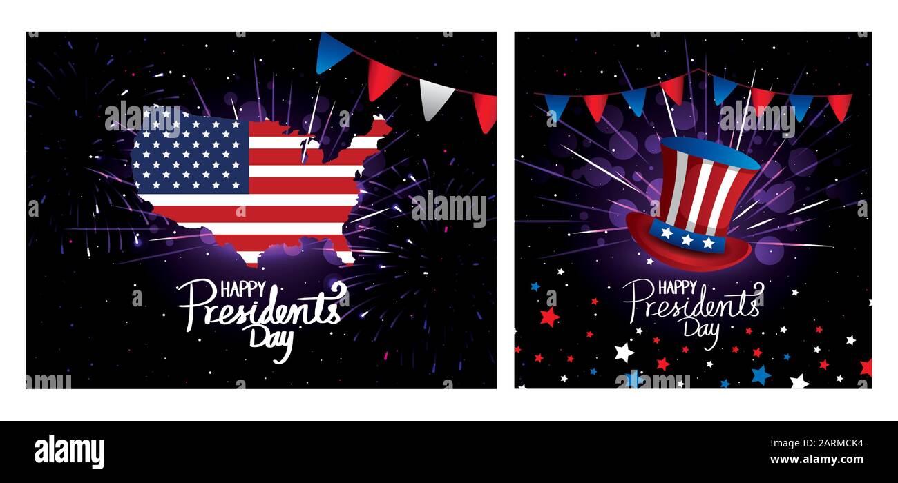 set poster di happy presidenti giorno con decorazione Illustrazione Vettoriale