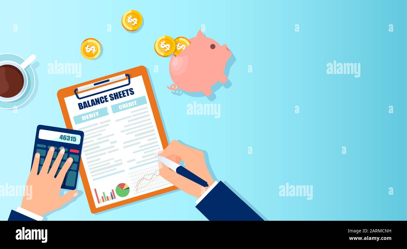 Vettore di un contabile con calcolatore che analizza i bilanci e i bilanci finanziari Illustrazione Vettoriale