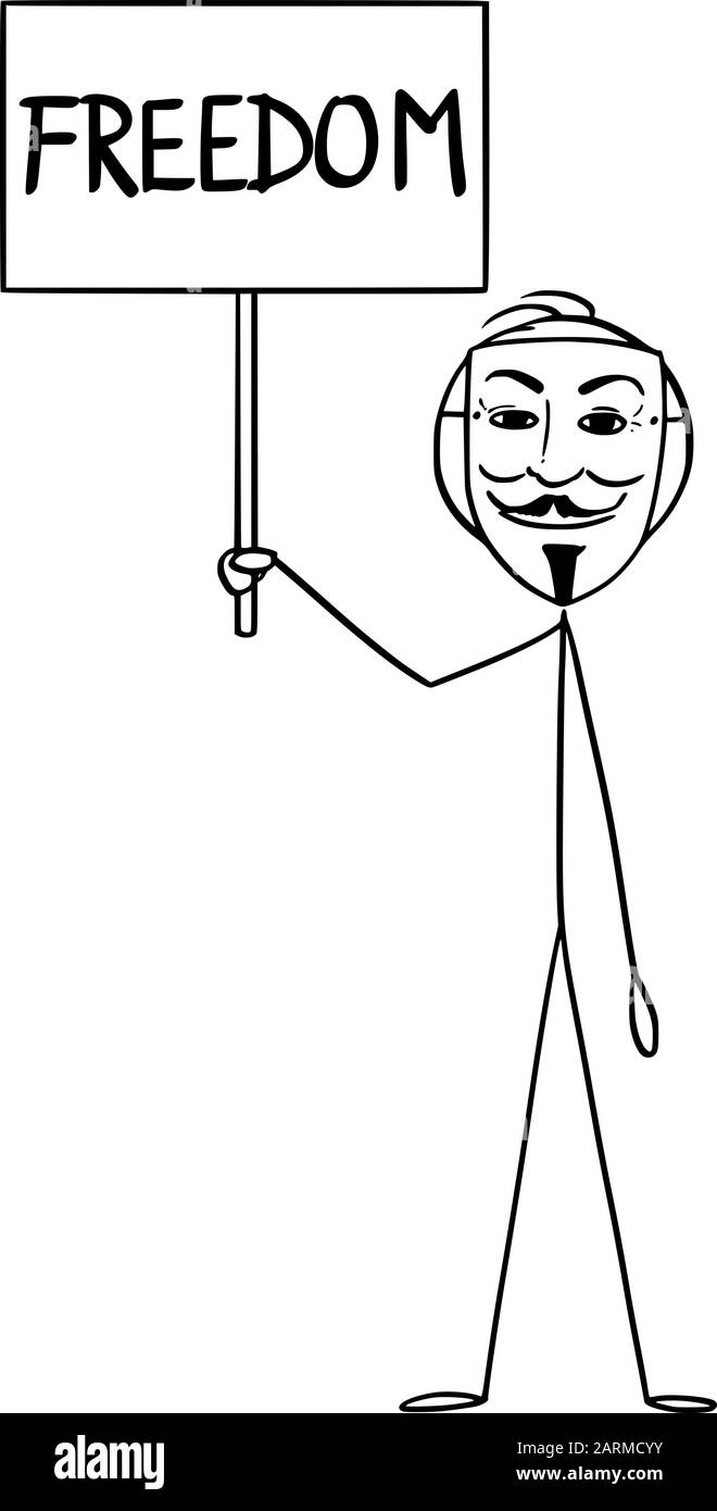 Figura del bastone del cartone animato vettoriale che disegna l'illustrazione concettuale dell'uomo in maschera di Guy Fawkes che tiene il segno di libertà. Anonimato o concetto di protesta. Illustrazione Vettoriale