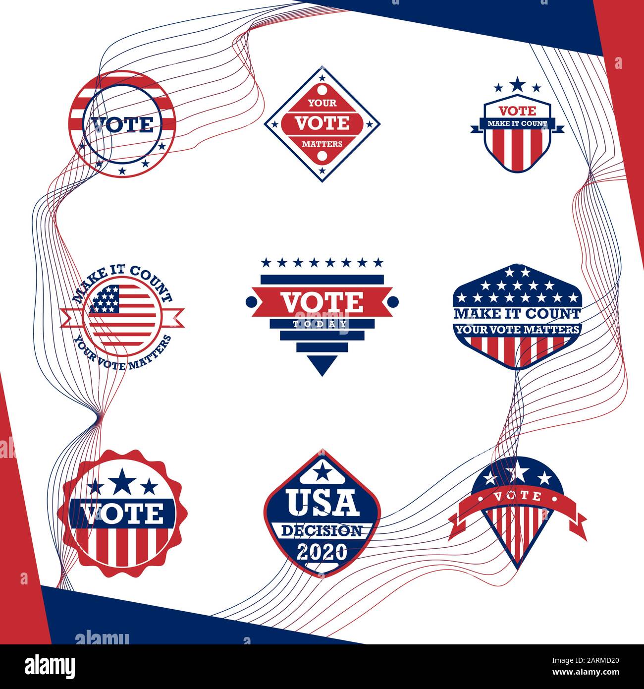 2020 Stati Uniti d'America Presidential Elezioni Button Design, badge ed etichette di voto. Illustrazione Vettoriale