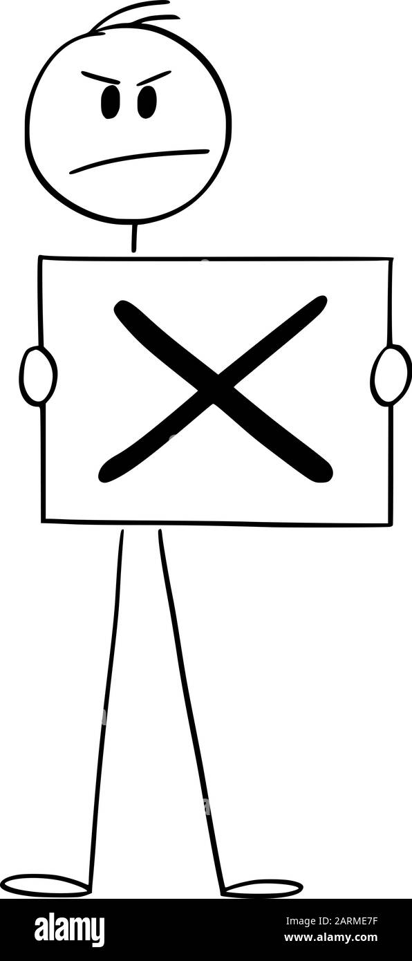 Figura del fumetto vettoriale che disegna l'illustrazione concettuale dell'uomo o dell'uomo d'affari che detiene il segno di spunta, simbolo negativo del rifiuto o no Illustrazione Vettoriale