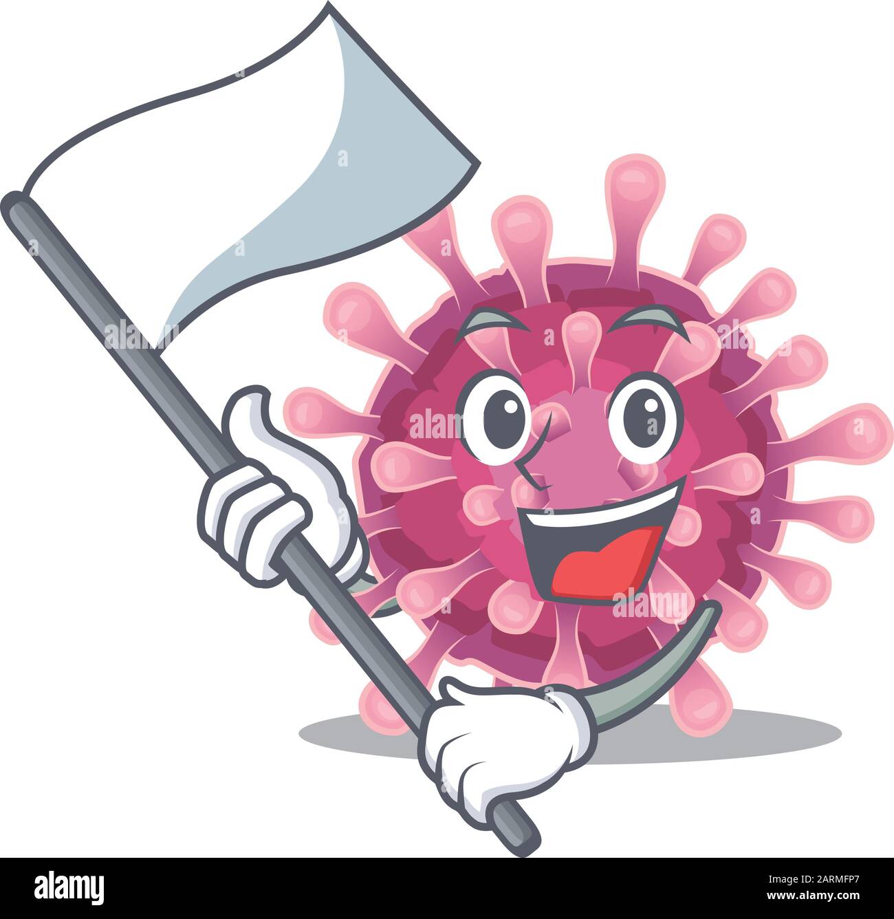 Divertente stile di carattere cartoon del virus corona che tiene una bandiera permanente Illustrazione Vettoriale