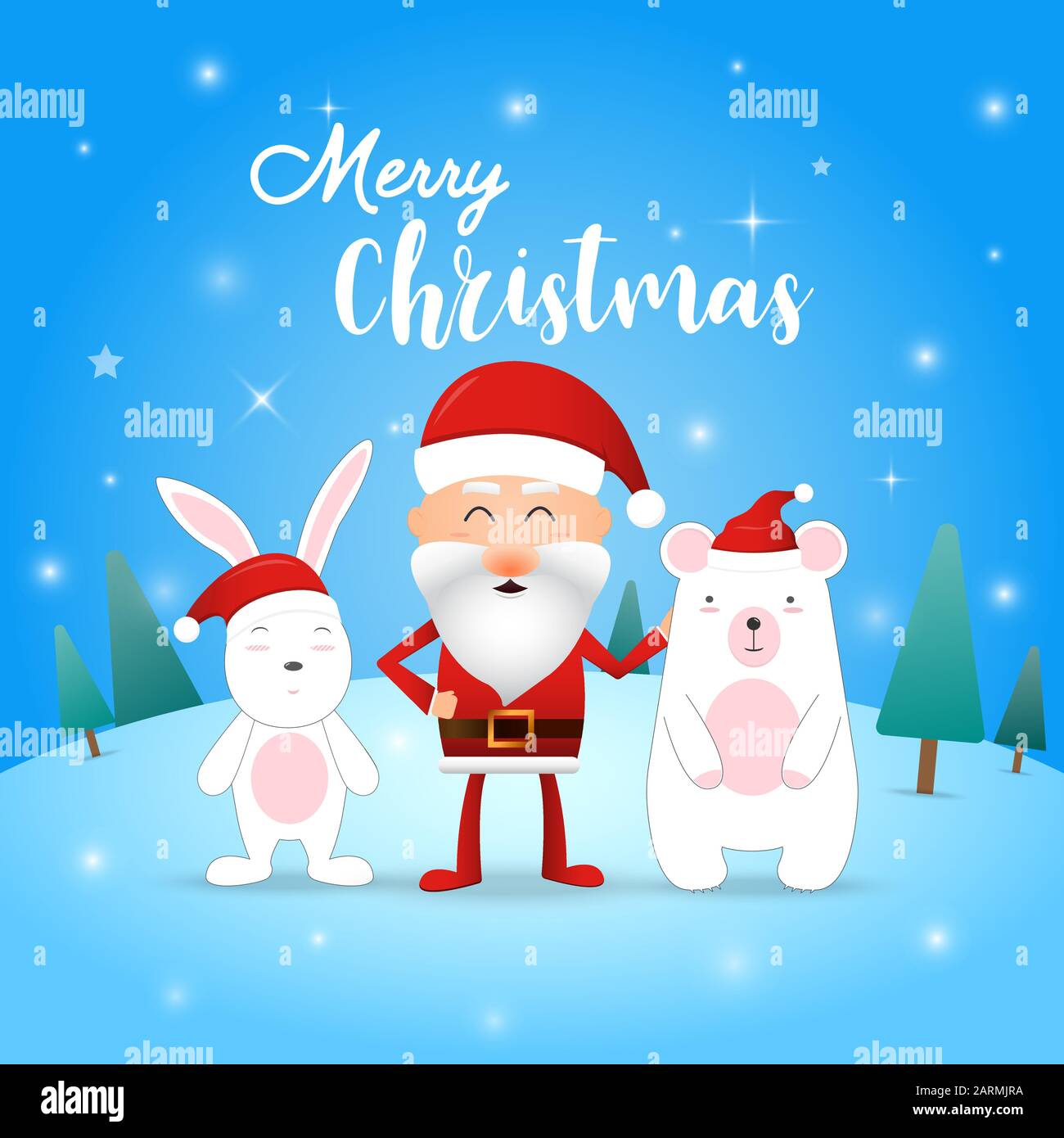 Buon Natale! Buon Natale compagni. Babbo Natale, coniglio e orso nella scena di neve di Natale. Vettore Illustrator. Illustrazione Vettoriale