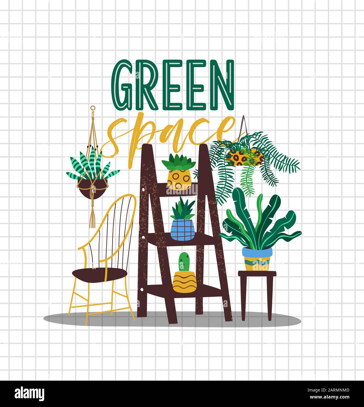 Spazio verde illustrazione di casa tropicale decorazione di piante e arredamento di design moderno interni su sfondo bianco isolato. Cartone animato Flat Nature per Illustrazione Vettoriale