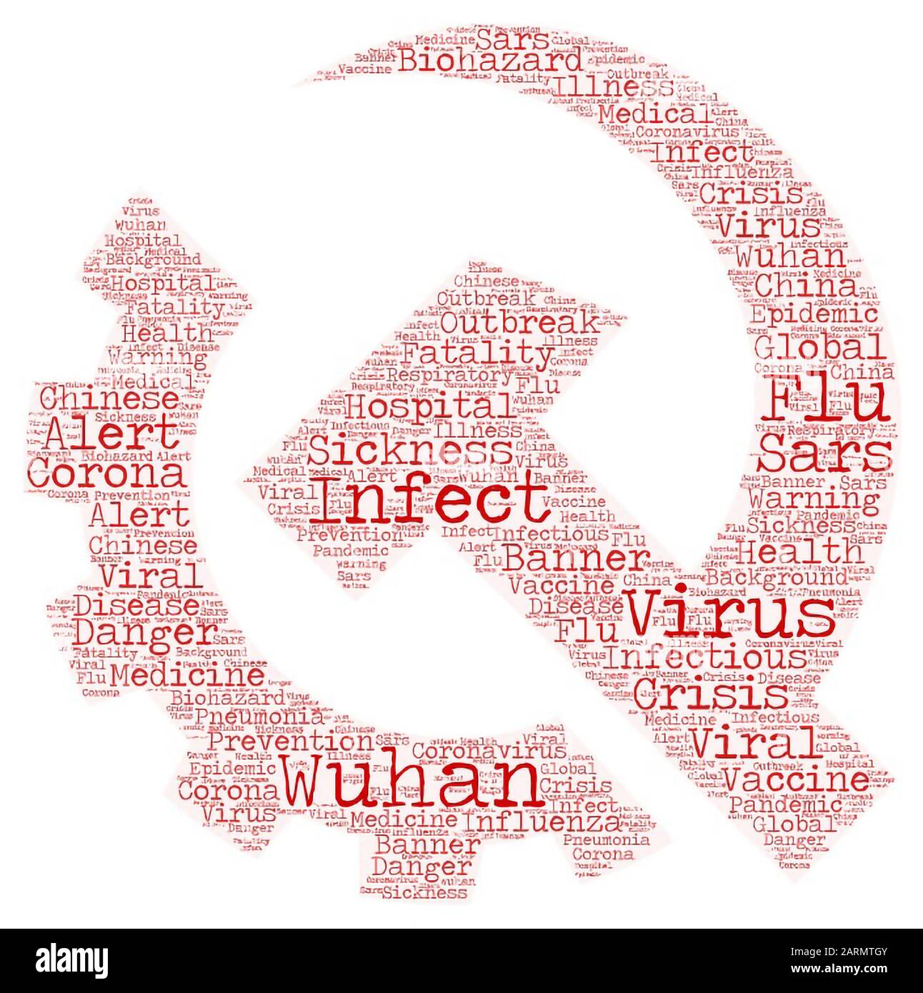Wuhan coronavirus pandemic concetto in parola tag nube sul simbolo comunista rosso, martello e falce, sfondo. Focolaio di coronavirus 2019-nCoV Foto Stock