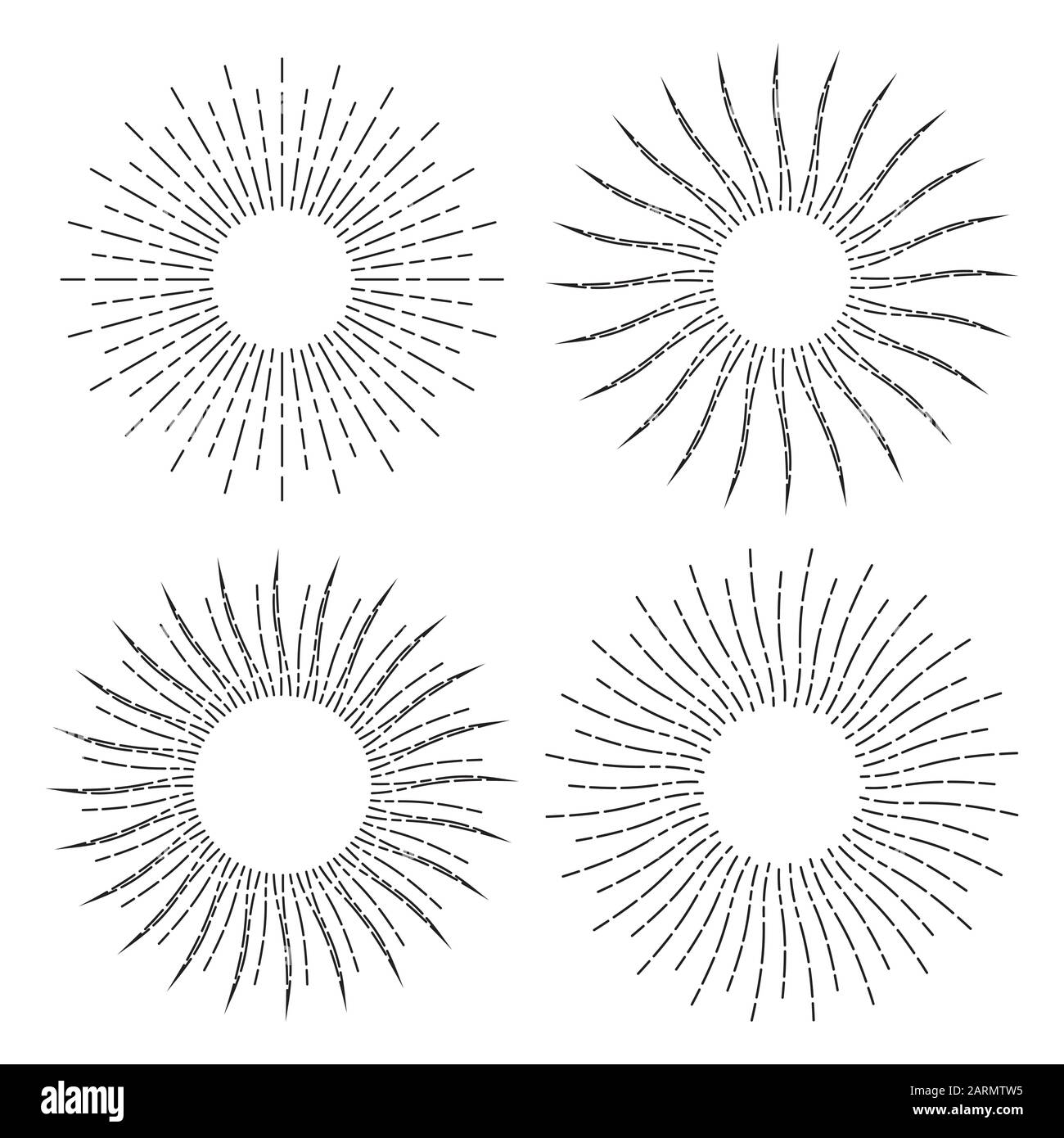 Set di simboli stilizzati retro del sole. Sunburst isolato su sfondo bianco. Disegni lineari di raggi solari in stile vintage. Raccolta di luce solare Illustrazione Vettoriale