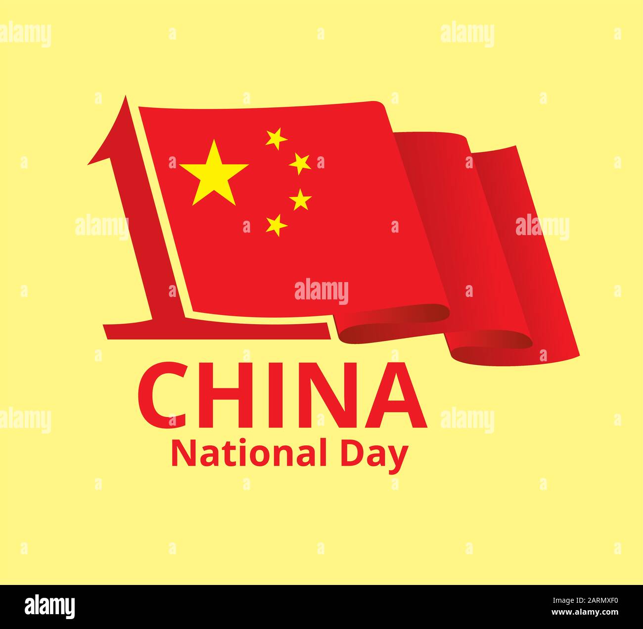 China National Day Design per biglietto d'auguri. Fluttering bandiera cinese su flagpole come data del primo ottobre. Concetto del giorno di indipendenza. Vettore eps8 ILL Illustrazione Vettoriale