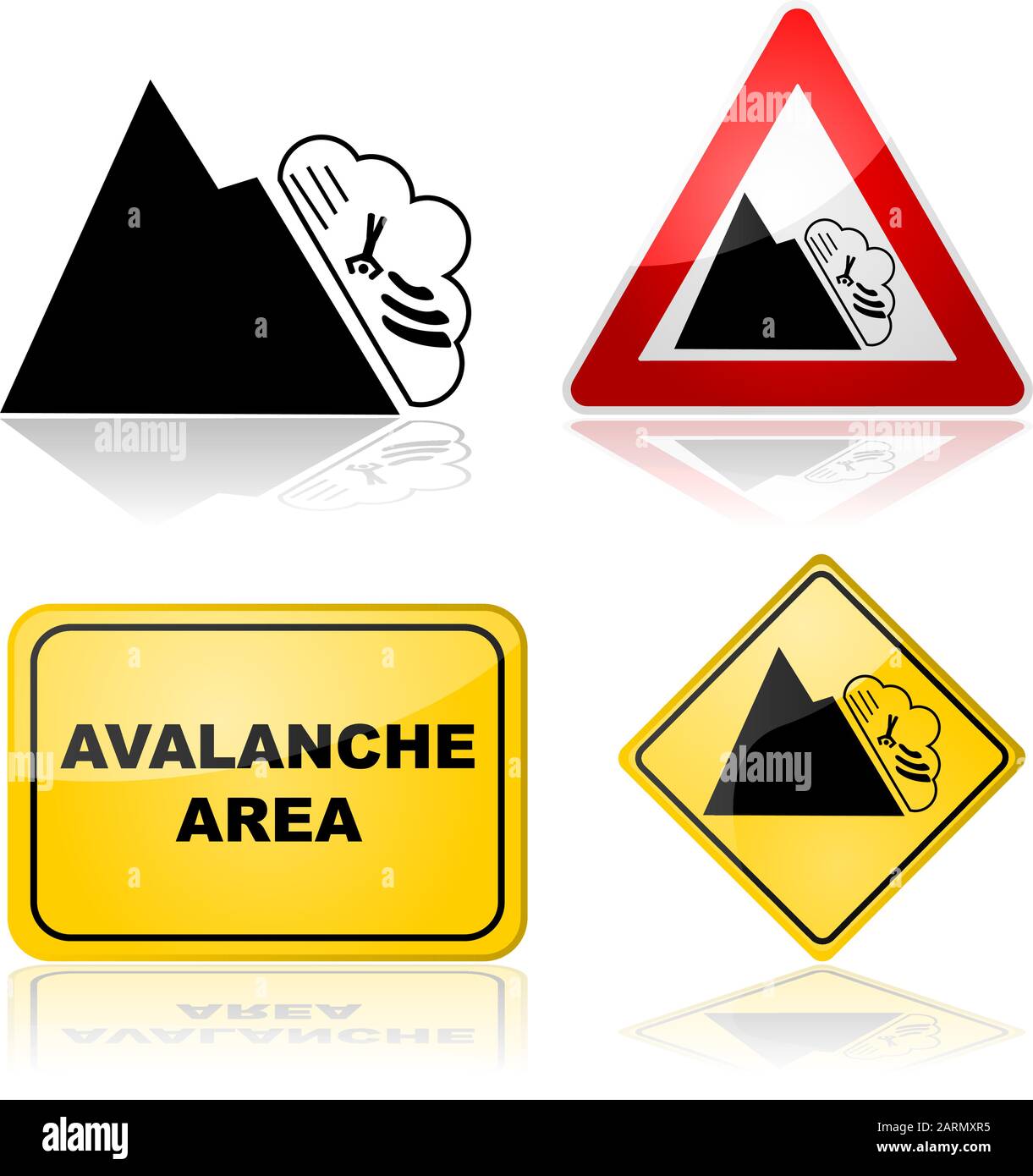 Set di icone che mostra segni e avvisi diversi per un'area soggetta a valanga Illustrazione Vettoriale