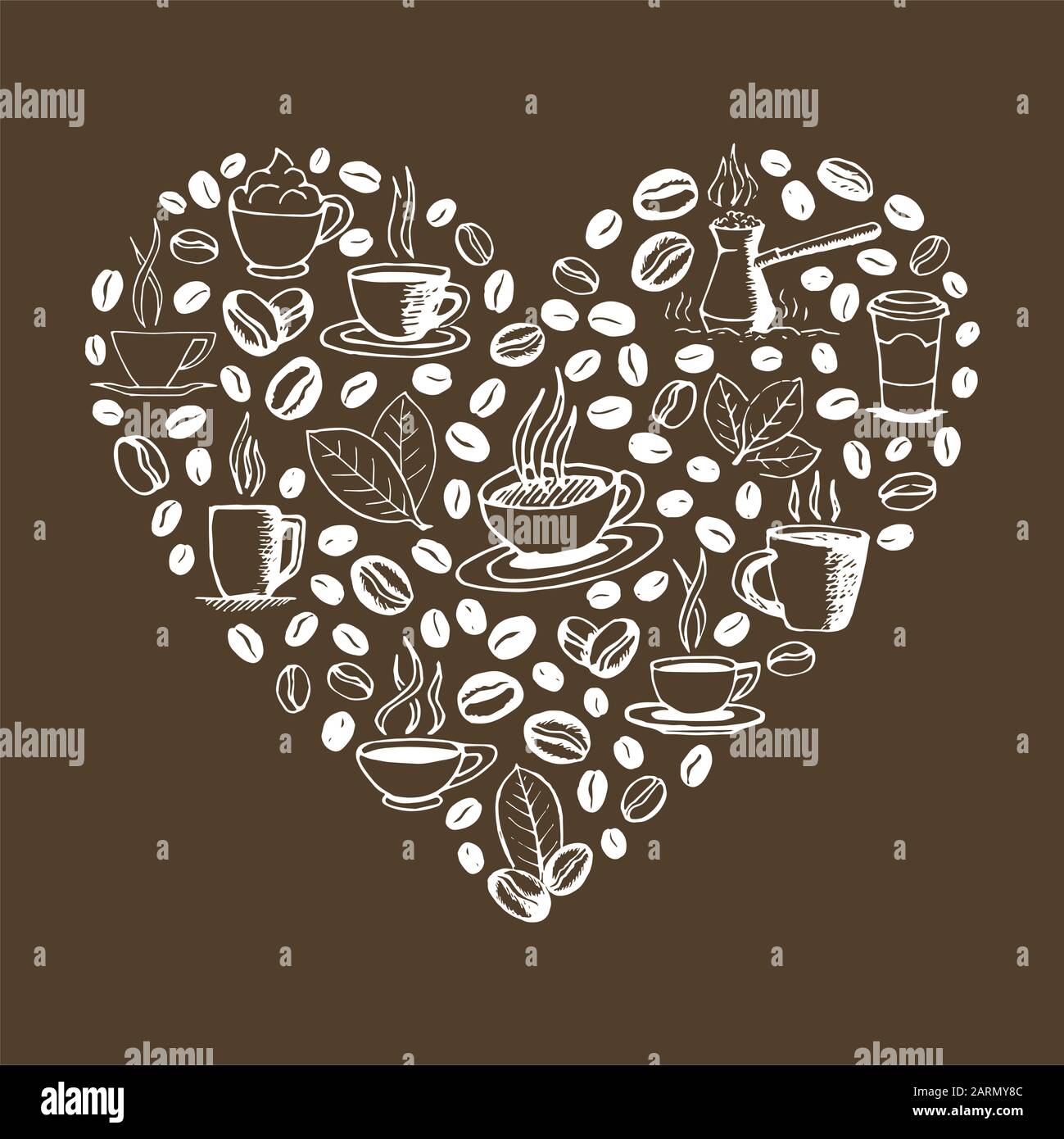 Forma del cuore riempita da doodles del caffè disegnati a mano isolato su fondo marrone. Simboli della tazza di caffè, cezve, fagioli e foglie. Vettore di schizzo eps8 Illustrazione Vettoriale