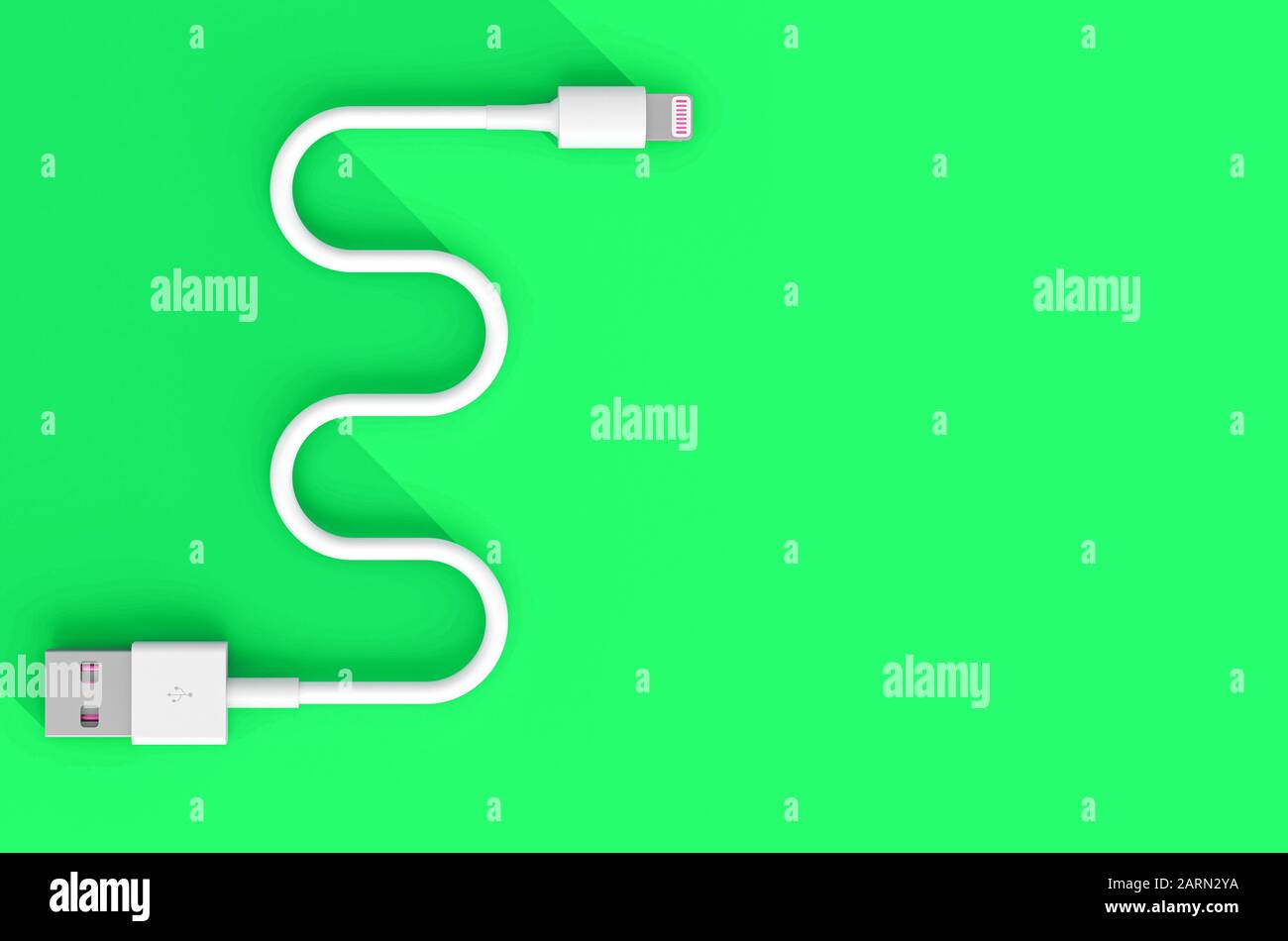 cavo usb a disposizione piatta, immagine di rendering 3d. sfondo verde. connettività e concetto di tecnologia. Foto Stock