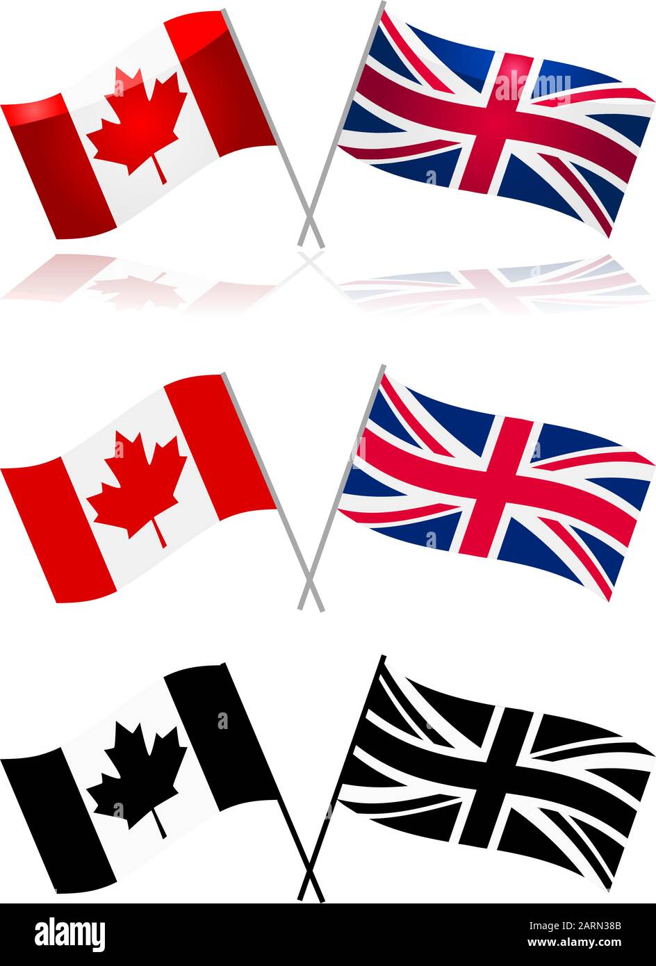 Insieme di icone che mostrano le variazioni delle bandiere canadesi e britanniche affiancate Illustrazione Vettoriale