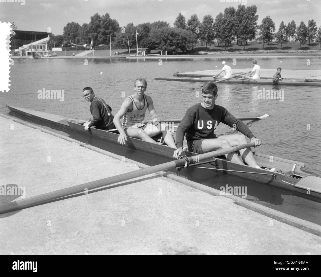 Formazione campionati europei di canottaggio, due americani con volante; Foto Stock