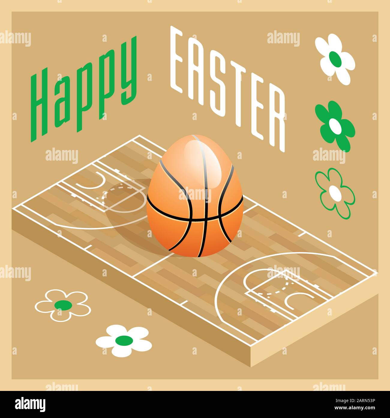 Buona Pasqua. Biglietto d'auguri con uovo di Pasqua 3D come palla da basket e campo da basket isometrico. Illustrazione del vettore. Illustrazione Vettoriale