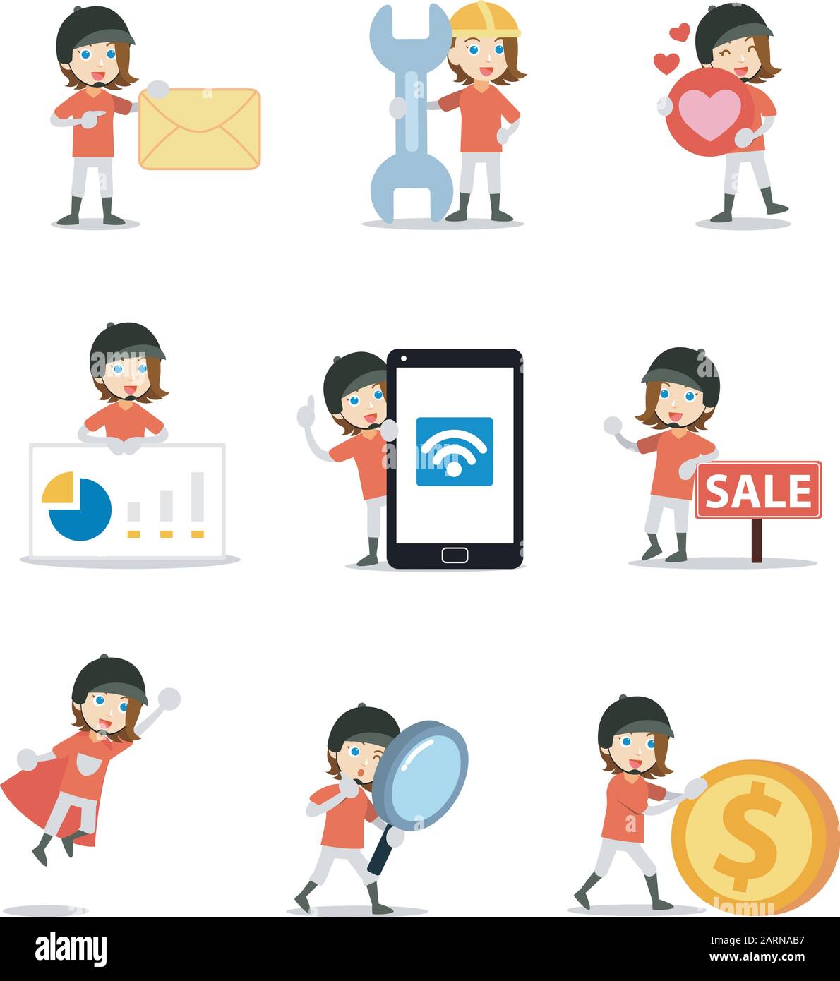 Set di donne personaggio cavallo jockey cavalcare la sua casa. Illustrazione Vettoriale