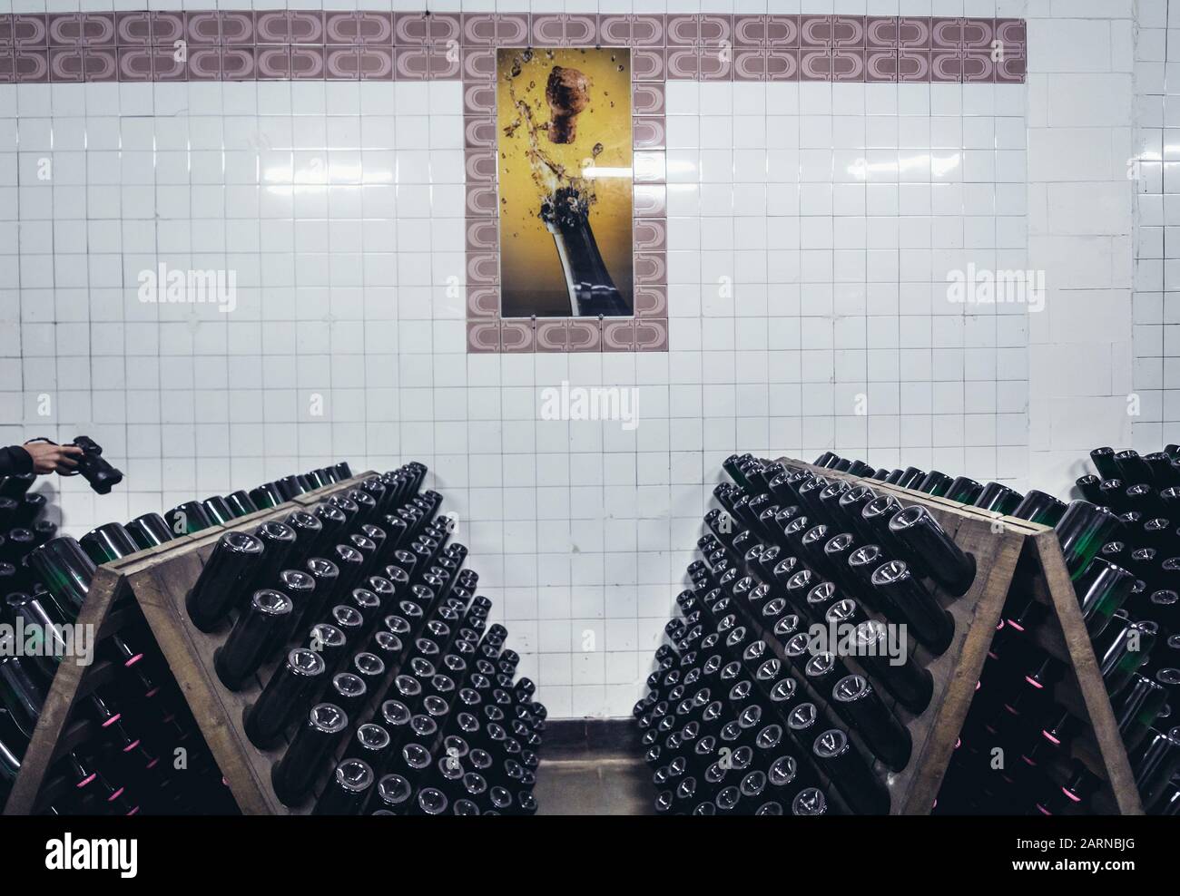 Rastrelliere con bottiglie di vino durante il processo di produzione riddling nella famosa cantina Cricova nella città di Cricova vicino a Chisinau, capitale della Moldavia Foto Stock