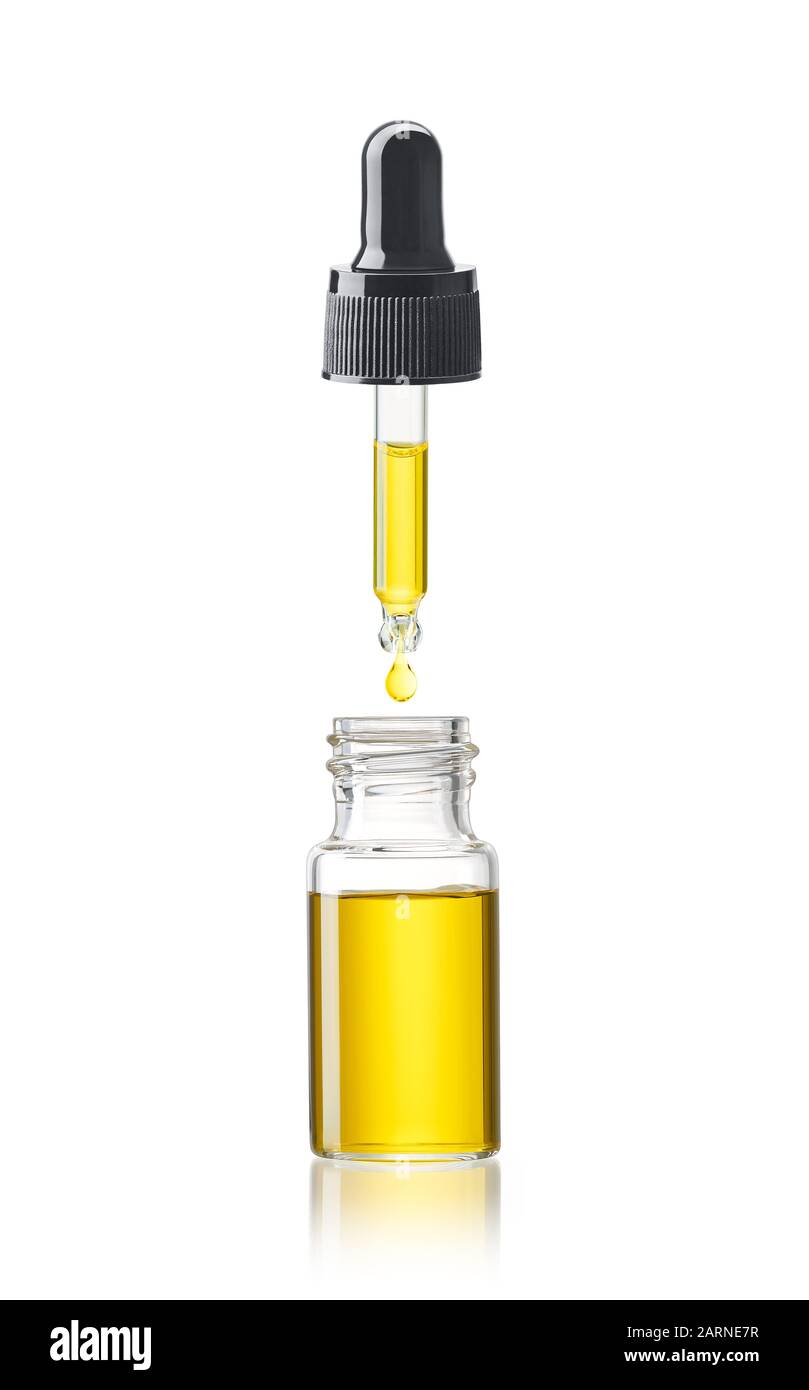 Olio essenziale isolato su sfondo bianco Foto Stock