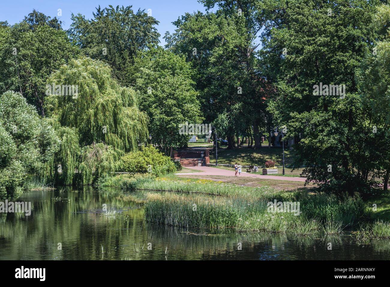 Parco sul fiume Rega a Gryfice, capitale della contea di Gryfice in Voivodato occidentale della Polonia Foto Stock