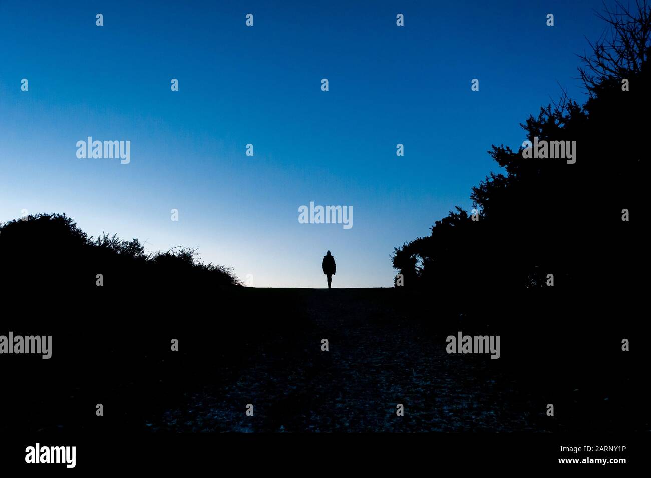 Silhouette di una persona che cammina verso un cielo blu invernale serale con ombre scure e spazio per le copie in bianco e nero Foto Stock