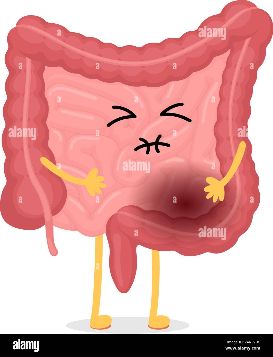 Triste sofferenza malato dolore intestinale carattere cartoon. Cavità addominale digestivo ed escrezione organo umano interno malsano. Illustrazione isolata del vettore di concetto di indigestione infiammatoria o avvelenamento Illustrazione Vettoriale