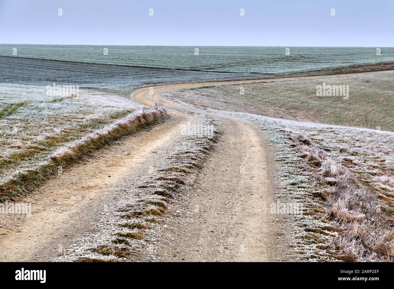 Paesaggio invernale grigio freddo solitario con una strada di ghiaia tra campi agricoli in campagna. Visto in Franconia / Baviera, Germania a Janua Foto Stock