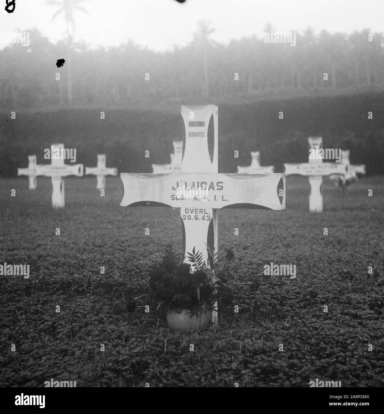 Cimitero Onorario Ambon. Croce sulla tomba di J. Lucas, sld KNIL, morto 20-5-1943 Annotazione: John Lucas. Nato il 15 febbraio 1918 a Madium. Morto Il 20 Maggio 1943 A Kario/Haroekoe Data: 1947 Località: Ambon, Indonesia, Indie Orientali Olandesi Foto Stock