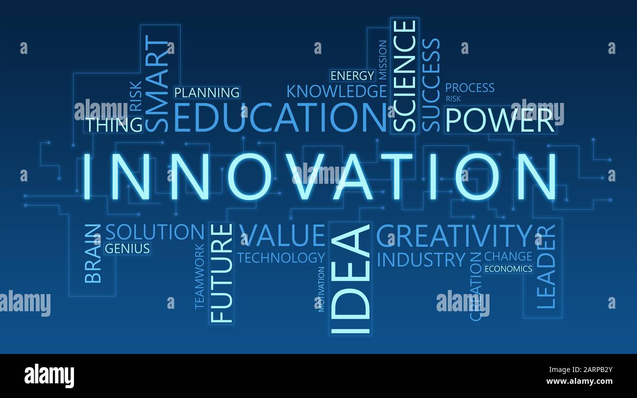 Innovation Wordcloud Illustrazione Di Innovative Future Technologies, Blue Background, Panorama Foto Stock