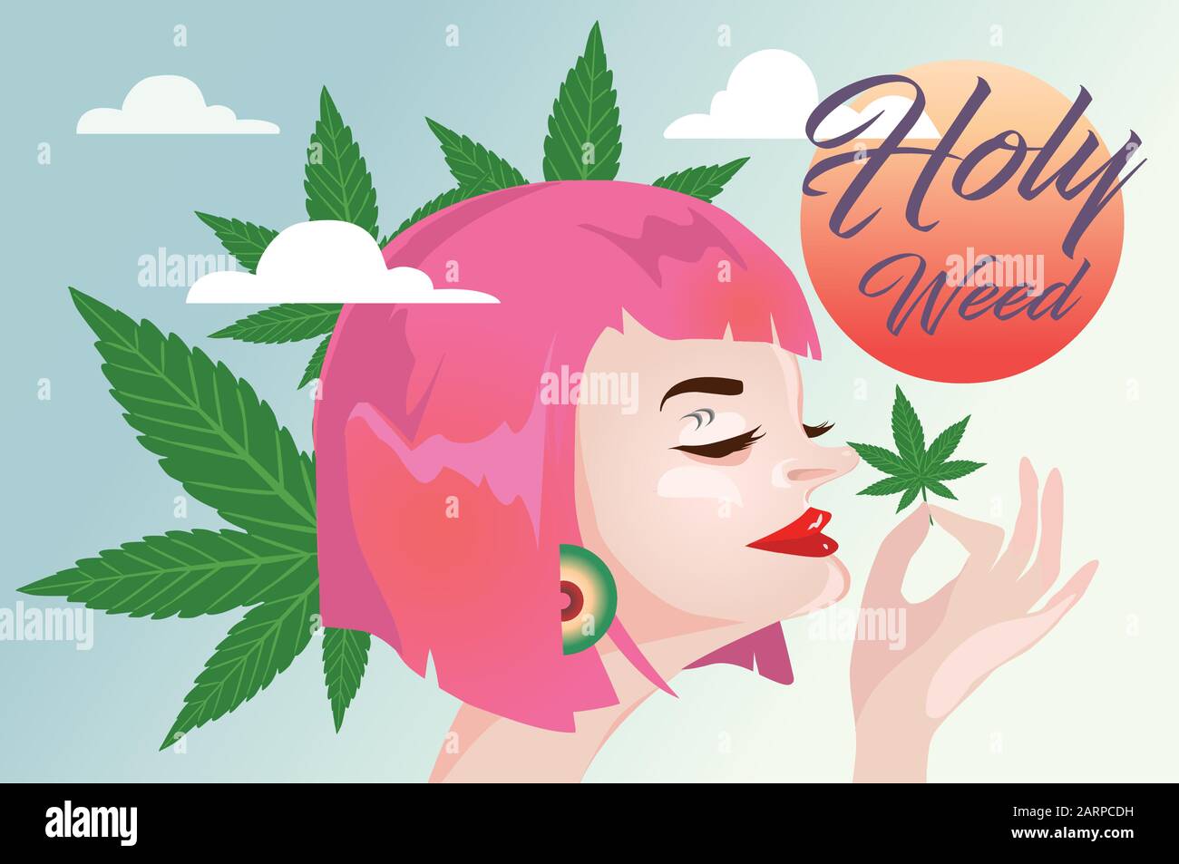 Foglia di marijuana in mano femminile isolata su sfondo blu Illustrazione Vettoriale