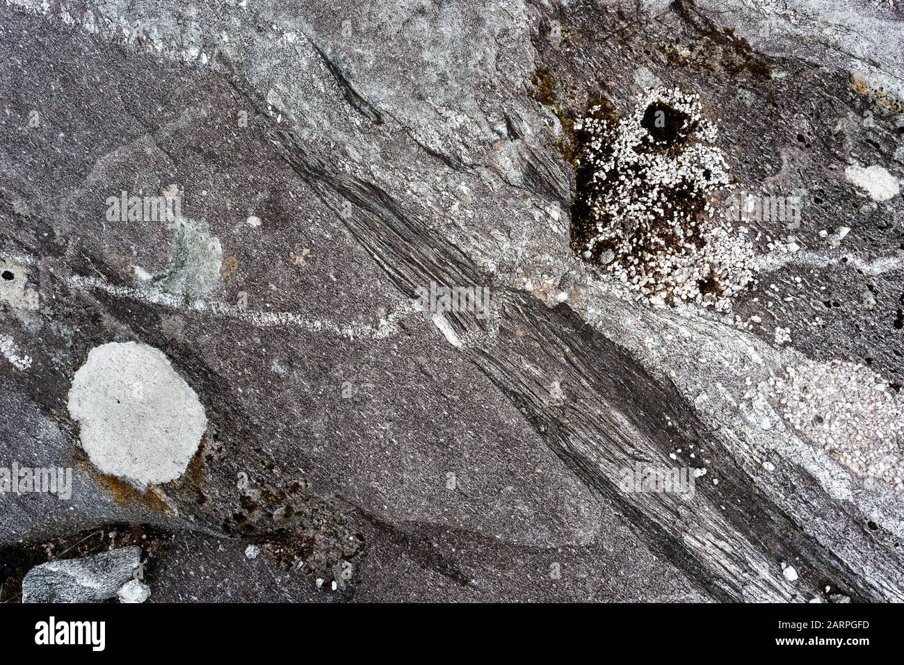 Dettaglio della Granite Dongegal principale nella Poison Glen, County Donegal, Irlanda, che mostra complesse relazioni di intrusione ignee e texture di deformazione Foto Stock
