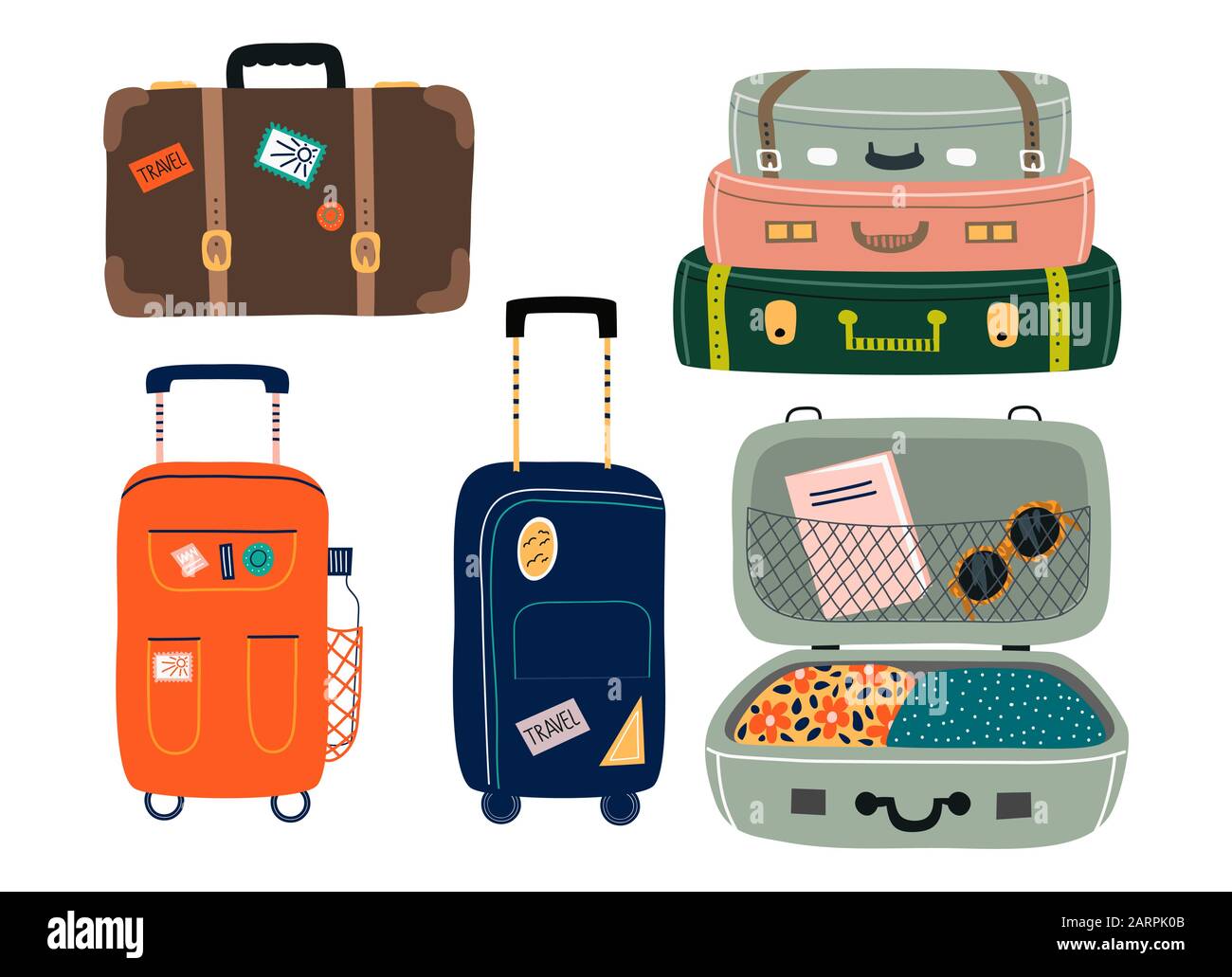 Set di Valigie Isolate con ruote. Borse da viaggio con vari adesivi.Illustrazione vettoriale disegnata A Mano in stile cartone animato piatto. Illustrazione Vettoriale