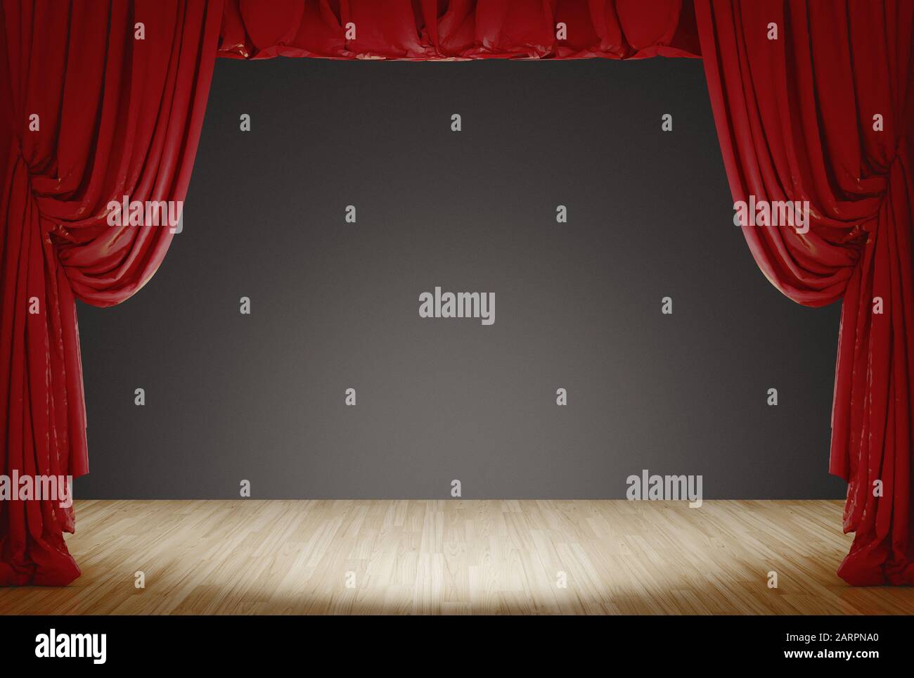 Palcoscenico Luminoso Con Tende A Teatro In Velluto Rosso E Sfondo Grigio. rendering 3d Foto Stock Palcoscenico Luminoso Con Tende A Teatro In Velluto Rosso E Sfondo Grigio. rendering 3d Foto Stock