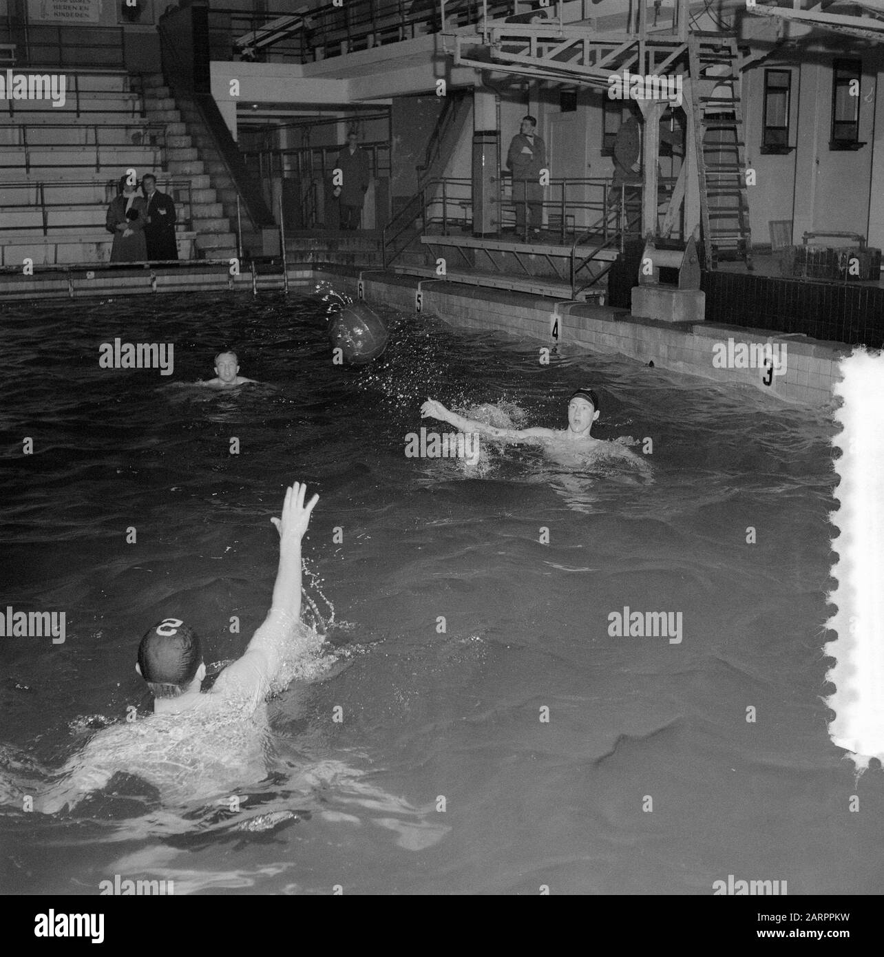 Water polo team treni per Giochi Olimpici in Sportfondsenband Amsterdam Data: 5 Novembre 1955 posizione: Amsterdam, Noord-Holland Parole Chiave: Pallanuoto squadre Foto Stock