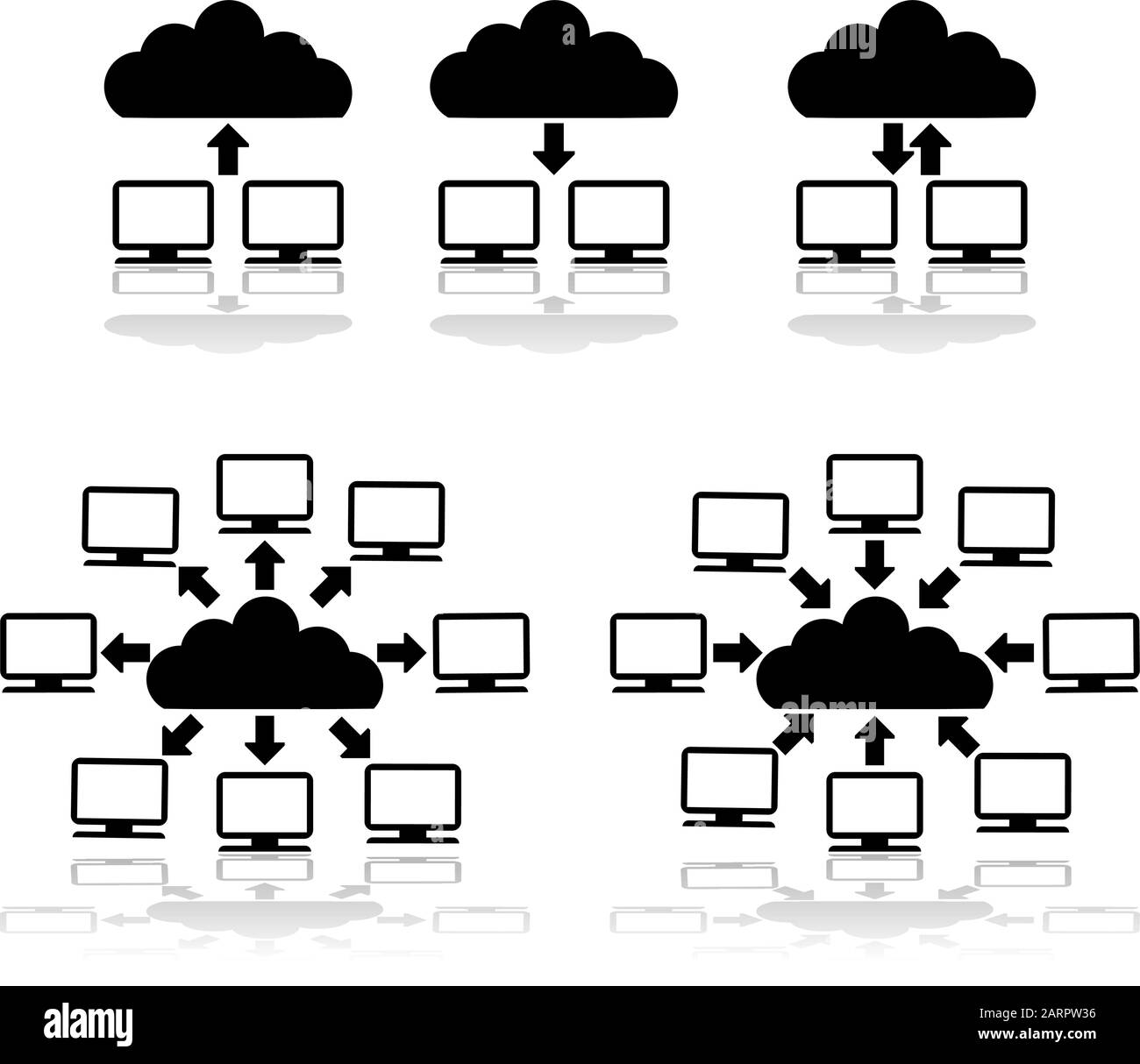 Gruppo di icone che mostra i computer connessi a una rete cloud Illustrazione Vettoriale