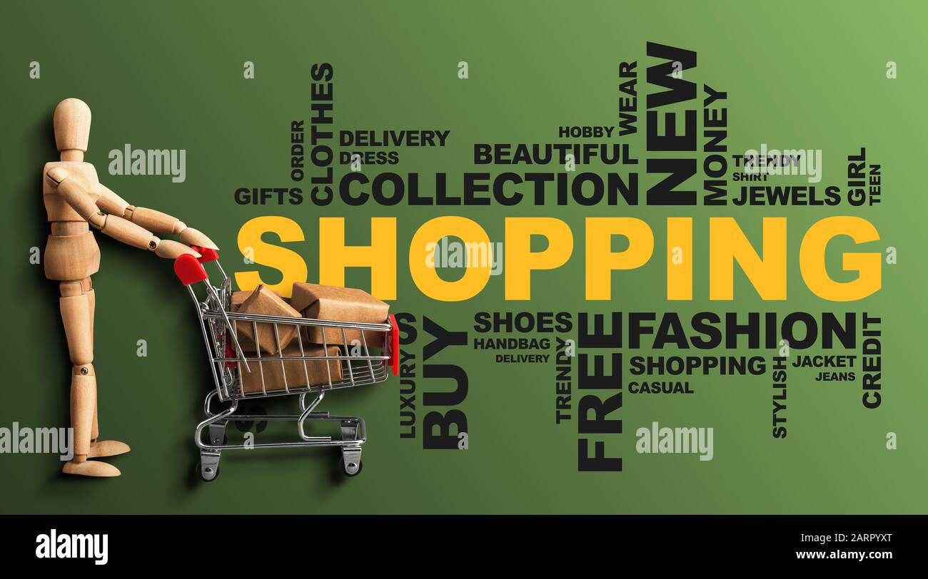 Shopping Wordcloud Collage Con Uomo Di Legno Su Sfondo Verde, Panorama Foto Stock