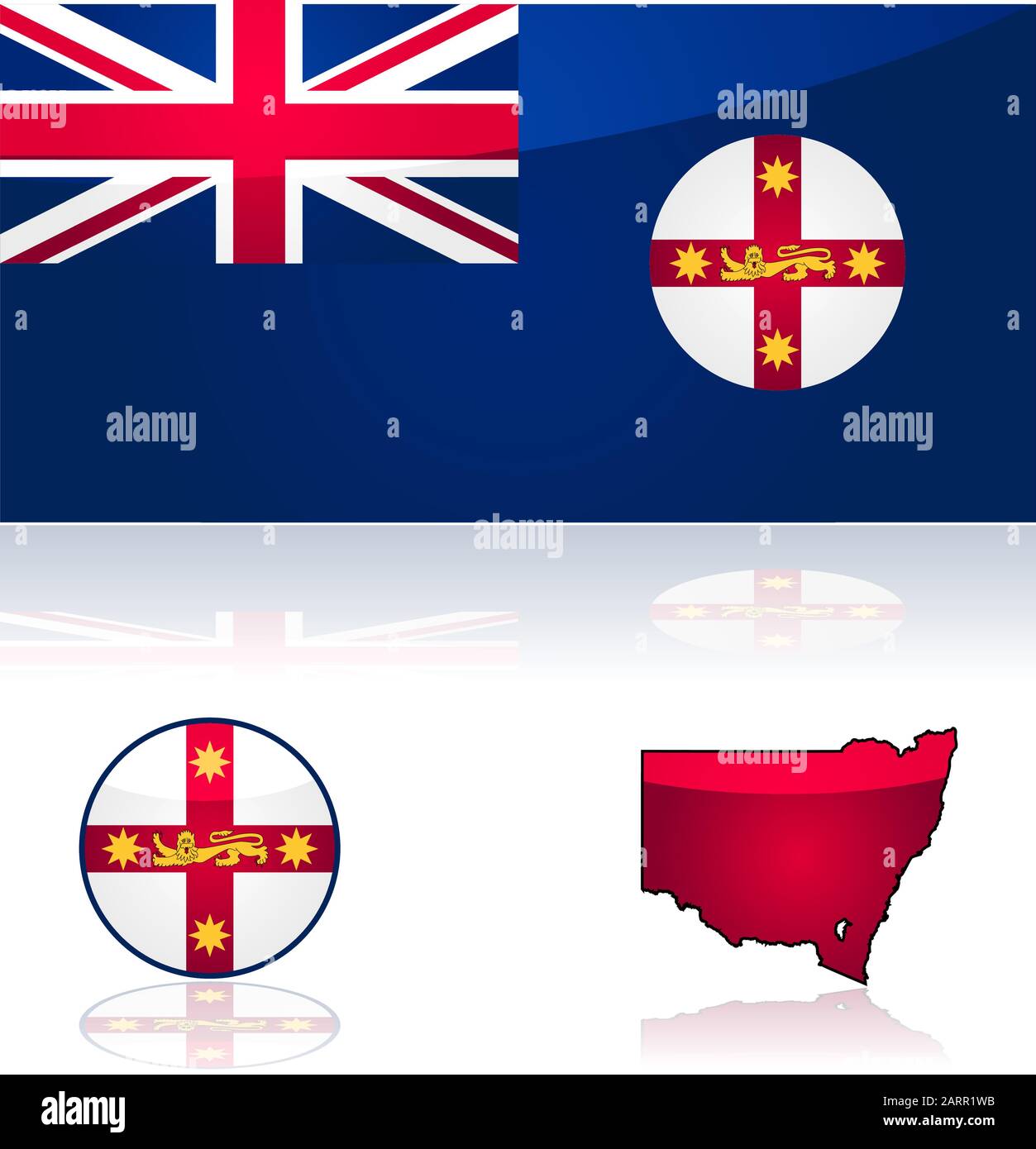 Illustrazione che mostra la bandiera e la mappa dello stato del nuovo Galles del Sud, in Australia Illustrazione Vettoriale