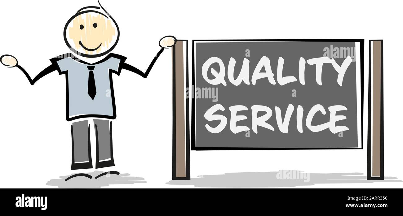 felice stickman personaggio uomo d'affari appoggiato contro segno pubblicità qualità servizio illustrazione vettore Illustrazione Vettoriale