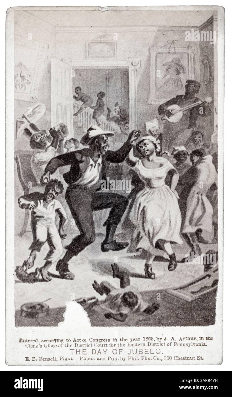 Il giorno di Jubelo, afroamericani (schiavi liberati?) celebrando in una casa di piantagione, include coppie danzanti e bambini giocare, Carte De Visite 1865 Foto Stock