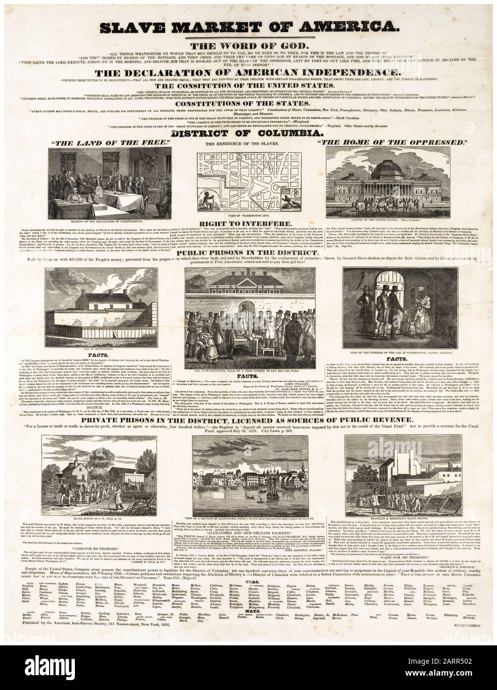 Mercato degli schiavi dell'America, condannando la vendita e la conservazione degli schiavi nel distretto di Columbia, manifesto della società americana di Anti-Schiavitù 1836 Foto Stock