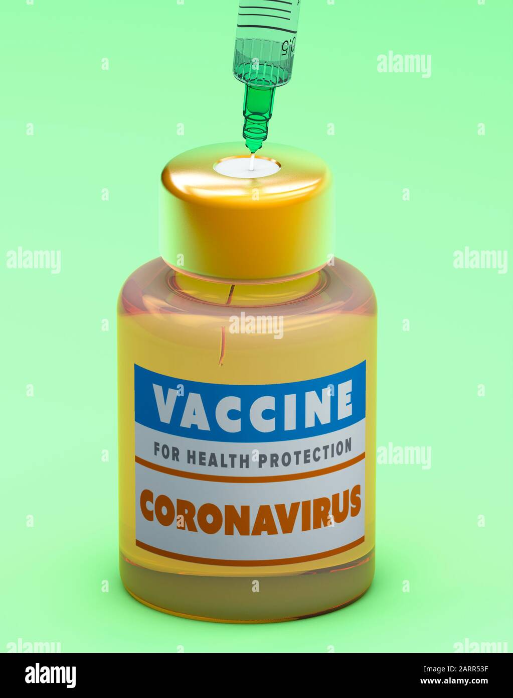 Vaccino contro il coronavirus, campagna di protezione, salute. Malattie e cure. rendering 3d. Siringa e soluzione in flacone. Immunità contro le malattie Foto Stock