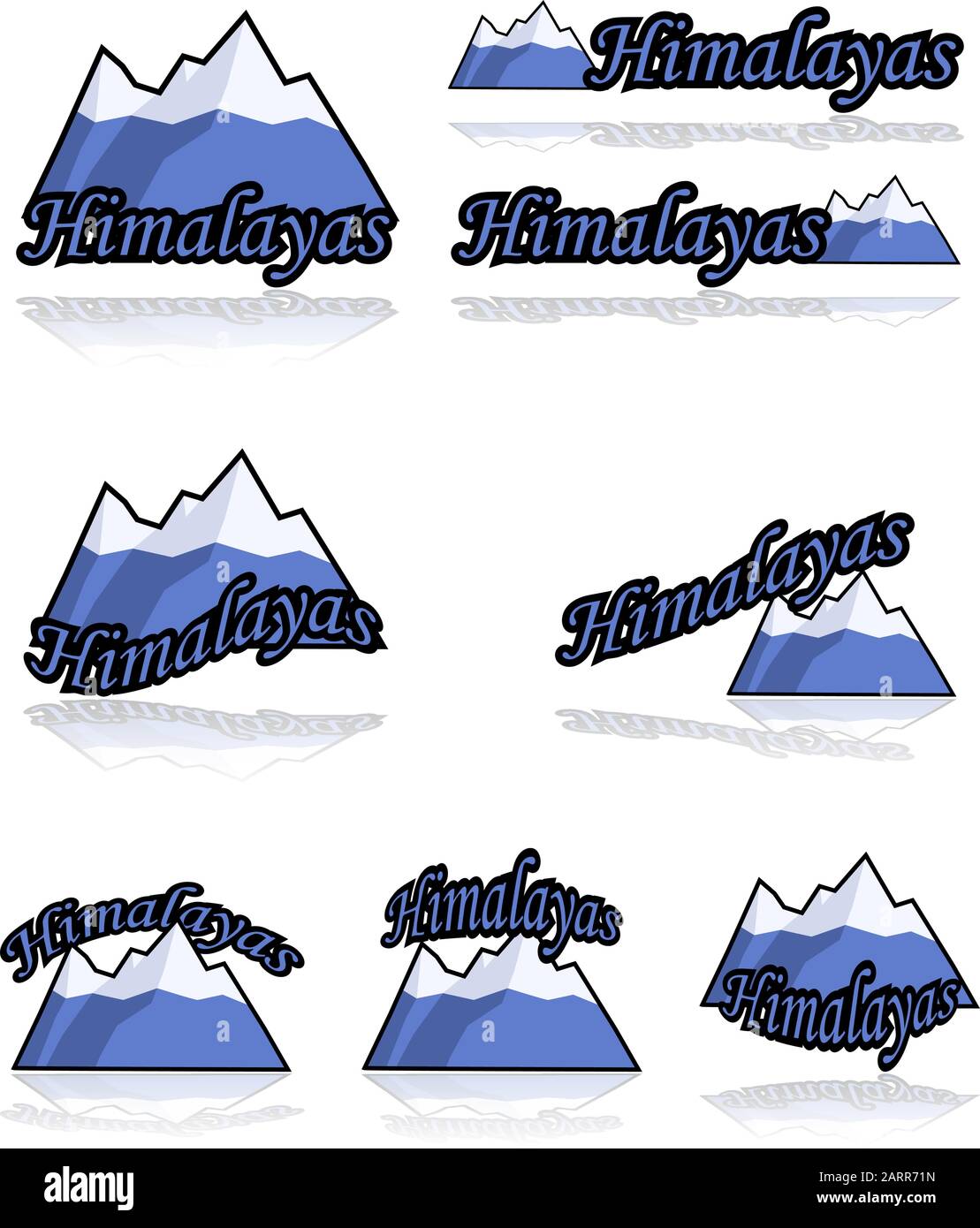 Imposta icona che mostra una serie di cartoni animati di montagne combinato con diverse varianti della parola Himalaya Illustrazione Vettoriale